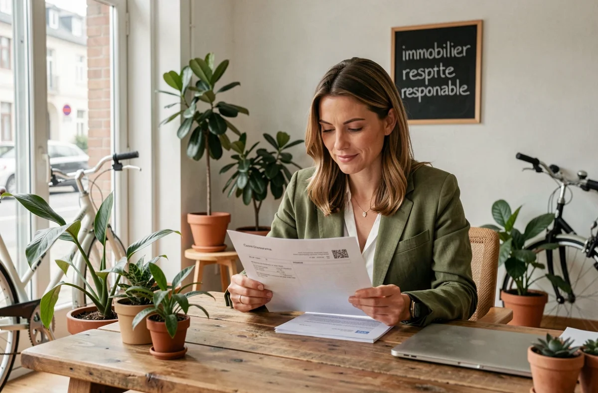 Professionnelle de l'agence Ethiqu'immo à Strasbourg dans un bureau éco-responsable avec décoration verte
