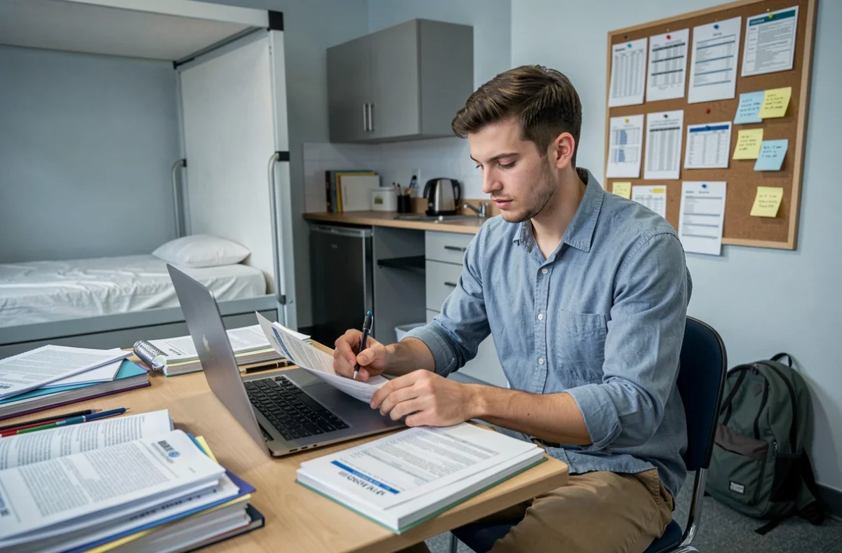 Étudiant comparant des formules d'assurance habitation sur son bureau avec un ordinateur portable