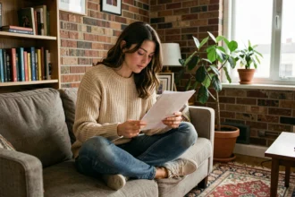 Étudiante lisant son contrat d'assurance multirisque dans son appartement étudiant douillet