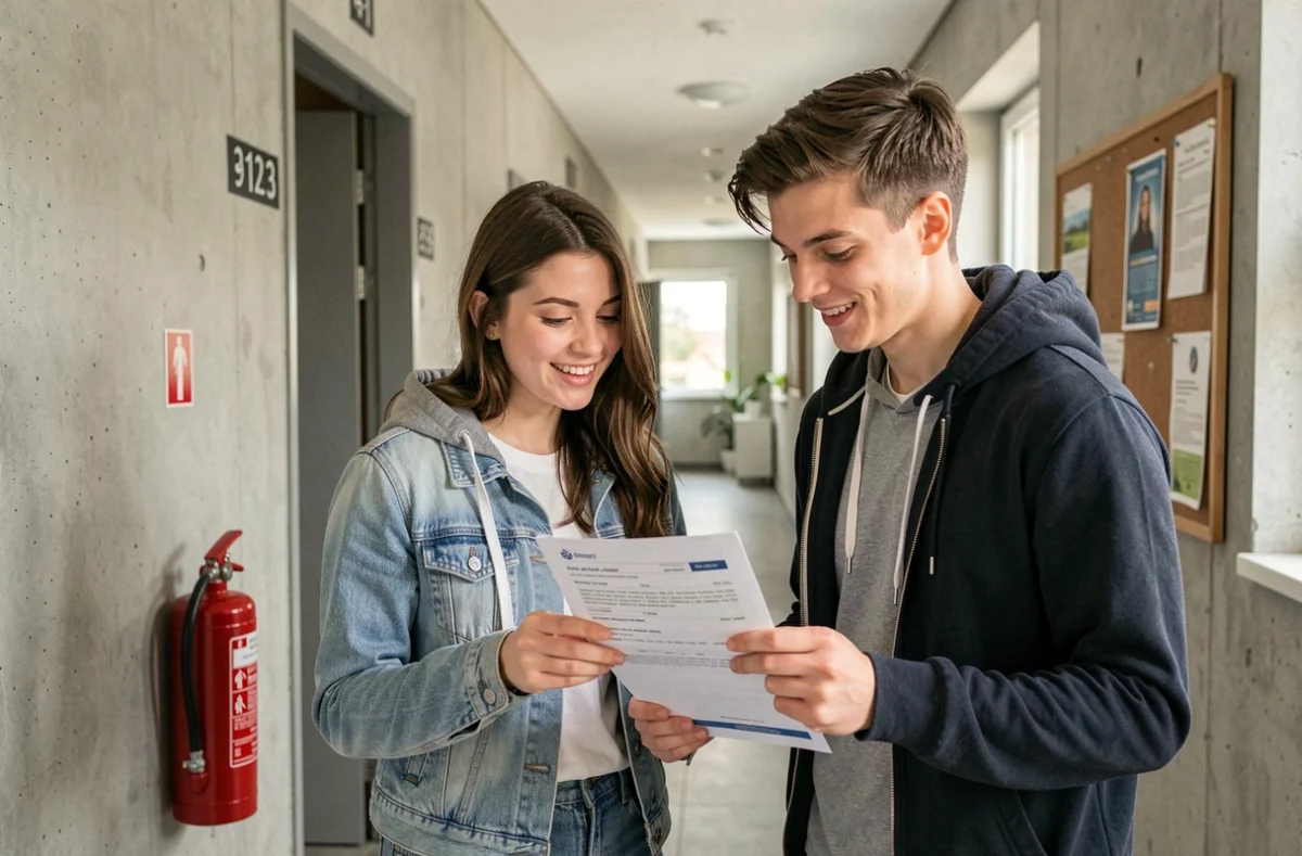 Deux étudiants examinant un contrat d'assurance logement dans le couloir d'une résidence universitaire