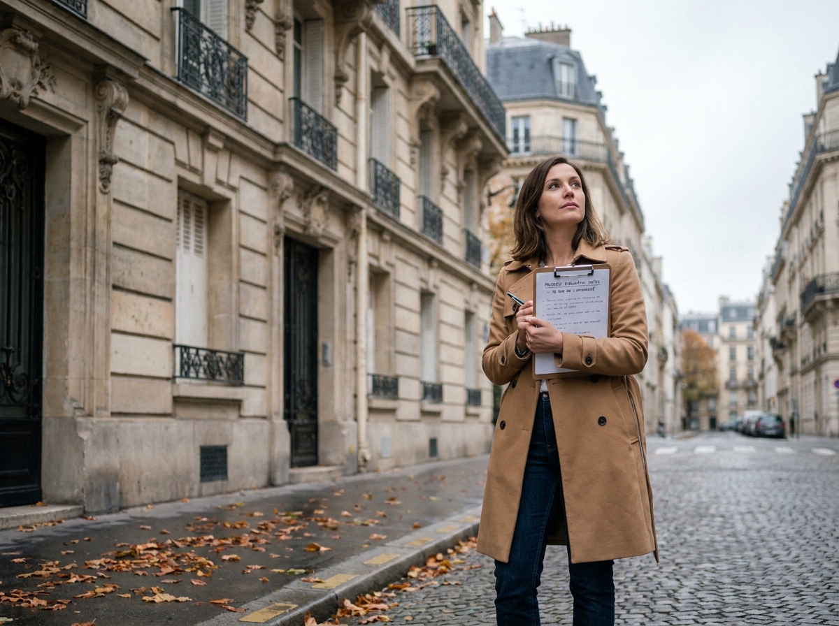 Femme évaluant un immeuble locatif haussmannien depuis la rue avec un carnet de notes