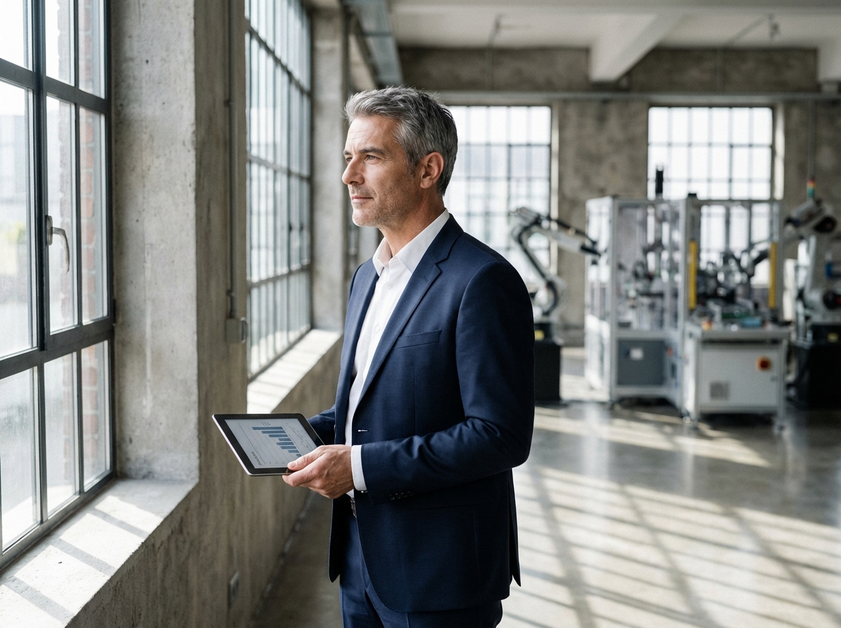 Homme d'affaires en costume dans une usine moderne