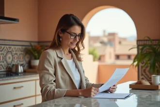 Expatriée consultant des documents immobiliers dans un appartement moderne à Marrakech avec décoration marocaine traditionnelle