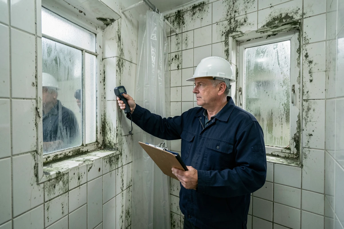 Expert en bâtiment mesurant l'humidité sur une paroi moisie dans une salle de bain de logement social