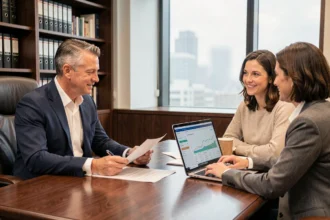 Expert en gestion de patrimoine conseillant un couple sur leur fiscalité immobilière dans un bureau professionnel