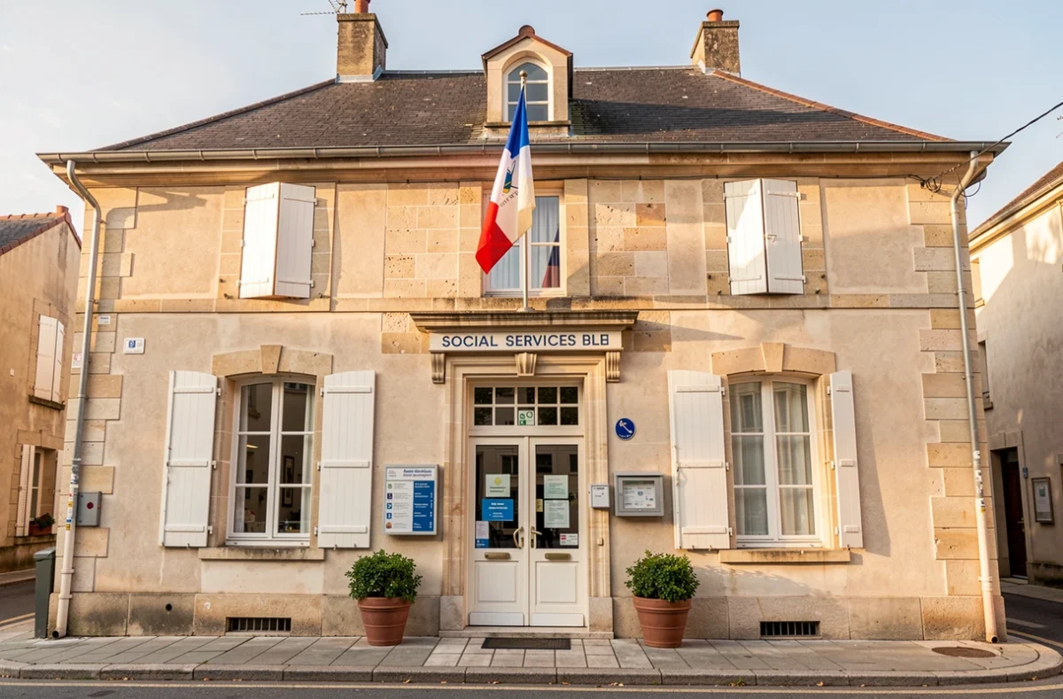 Façade d'une mairie française avec son drapeau tricolore