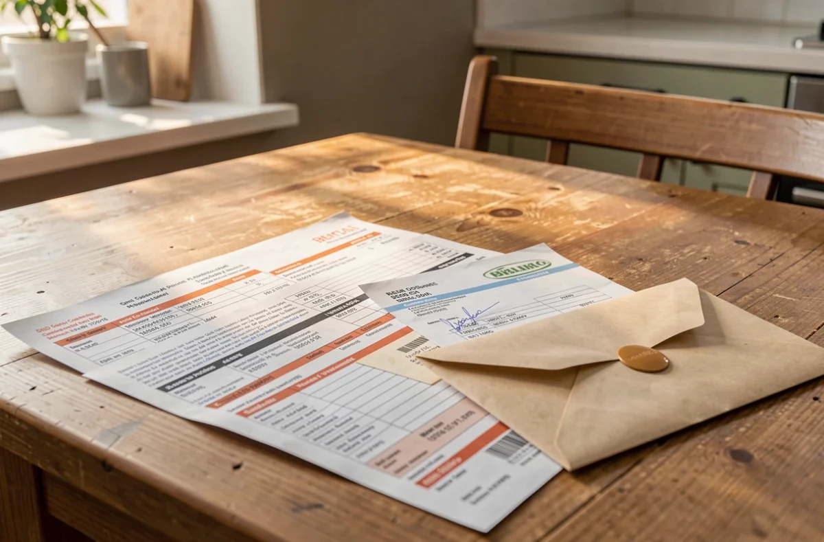 Factures, quittance de loyer et enveloppe posées sur une table
