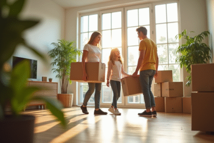 Famille heureuse déplaçant des cartons dans un salon lumineux