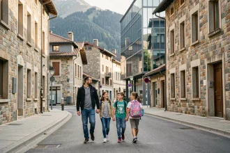 Famille avec enfants se promenant dans une rue piétonne d'Andorre-la-Vieille, immeubles modernes et montagnes en arrière-plan