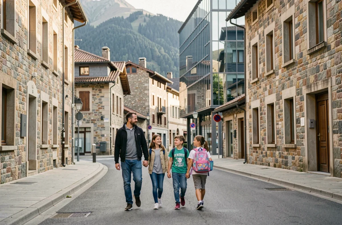 Famille avec enfants se promenant dans une rue piétonne d'Andorre-la-Vieille, immeubles modernes et montagnes en arrière-plan
