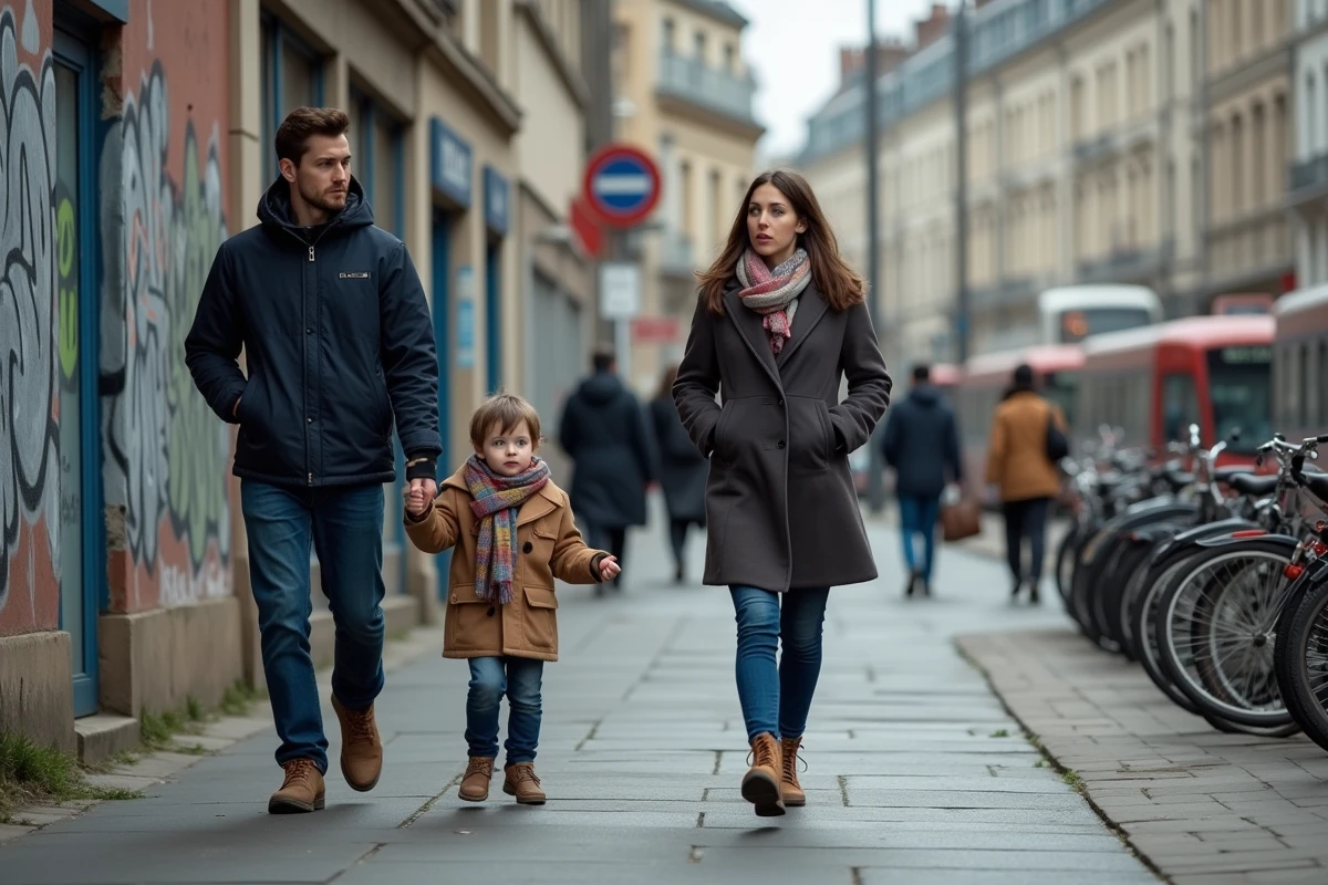Famille urbaine marchant près de la gare de Conflans