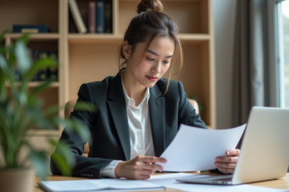 Jeune femme en costume d'affaires lit un document juridique