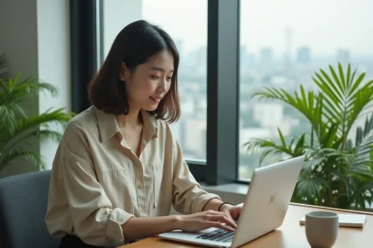 Jeune femme asiatique travaillant à Bangkok dans un appartement moderne