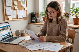 Jeune femme analysant des petites annonces de colocation avec des notes de budget sur une table en bois dans un appartement partagé