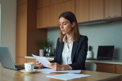 Femme en costume vérifiant des documents dans une cuisine moderne