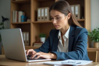 Femme d age moyen consulte sites immobiliers à domicile