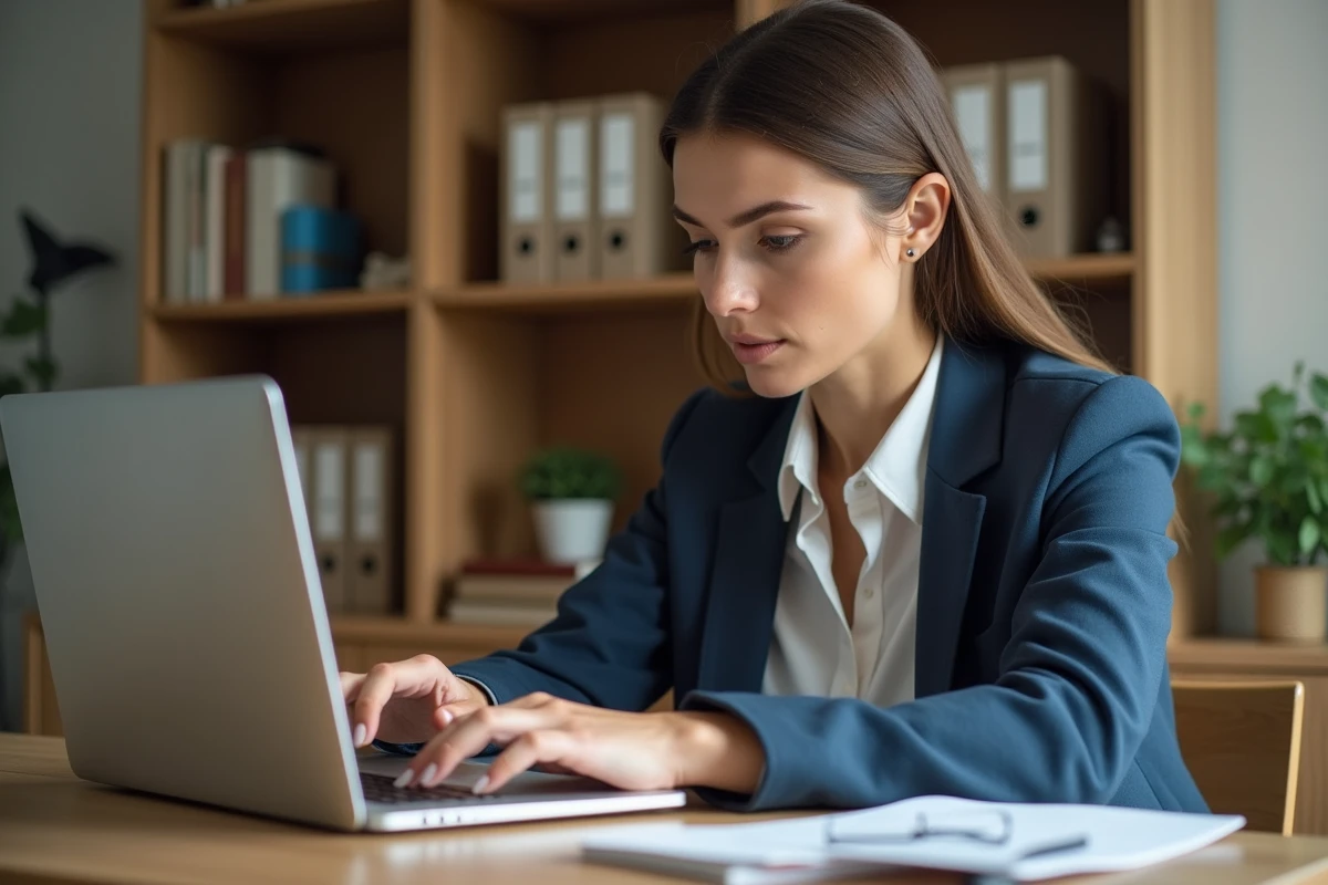 Femme d age moyen consulte sites immobiliers à domicile