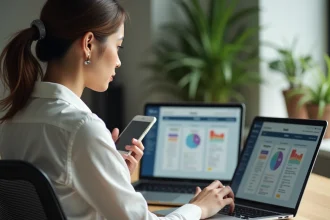 Femme d affaires utilisant un ordinateur dans un bureau moderne