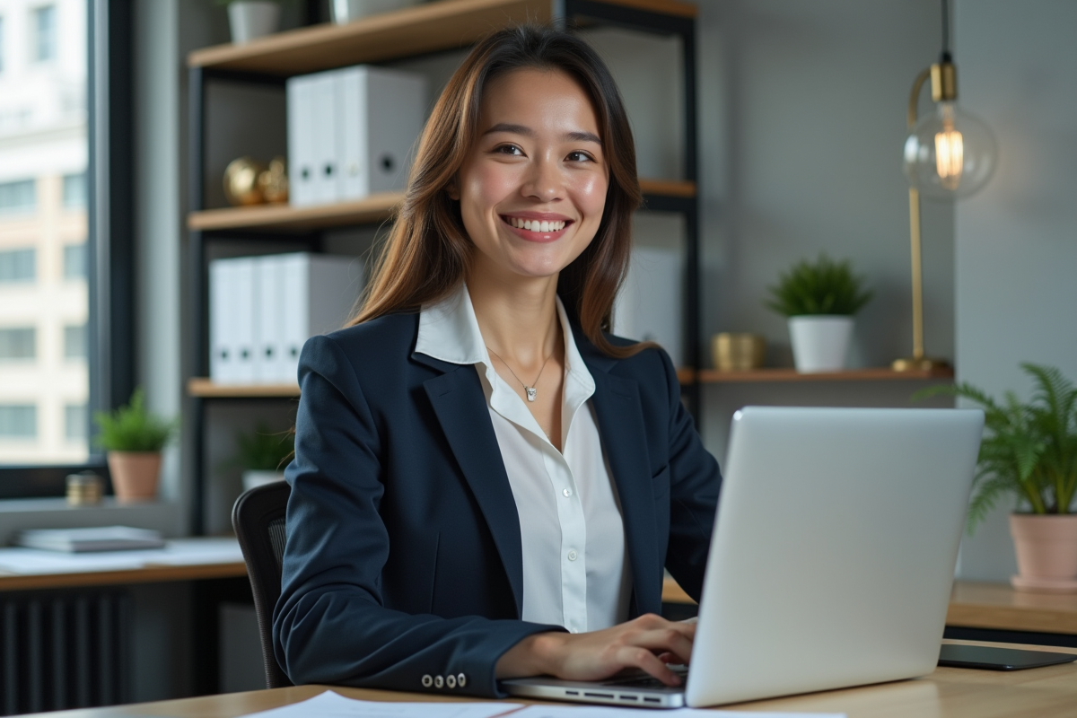 Jeune femme travaille sur un ordinateur dans un bureau professionnel