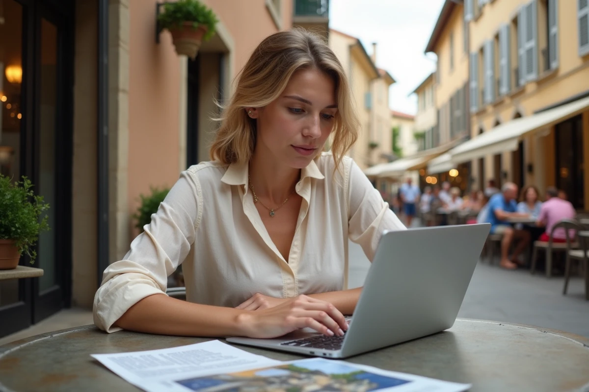 Jeune femme au café en Provence avec brochures immobilières
