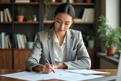 Femme examinant un document de contrat de location avec calcul du loyer de référence sur un bureau en bois
