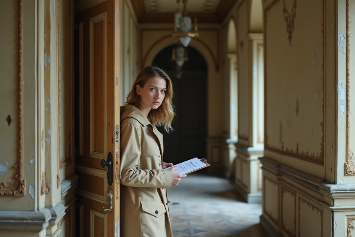 Jeune femme dans un château abandonné avec un dossier