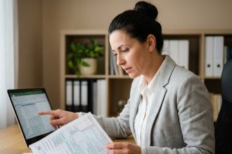 Femme comptable consultant des documents fiscaux liasse 2031 LMNP sur un bureau en bois avec ordinateur portable