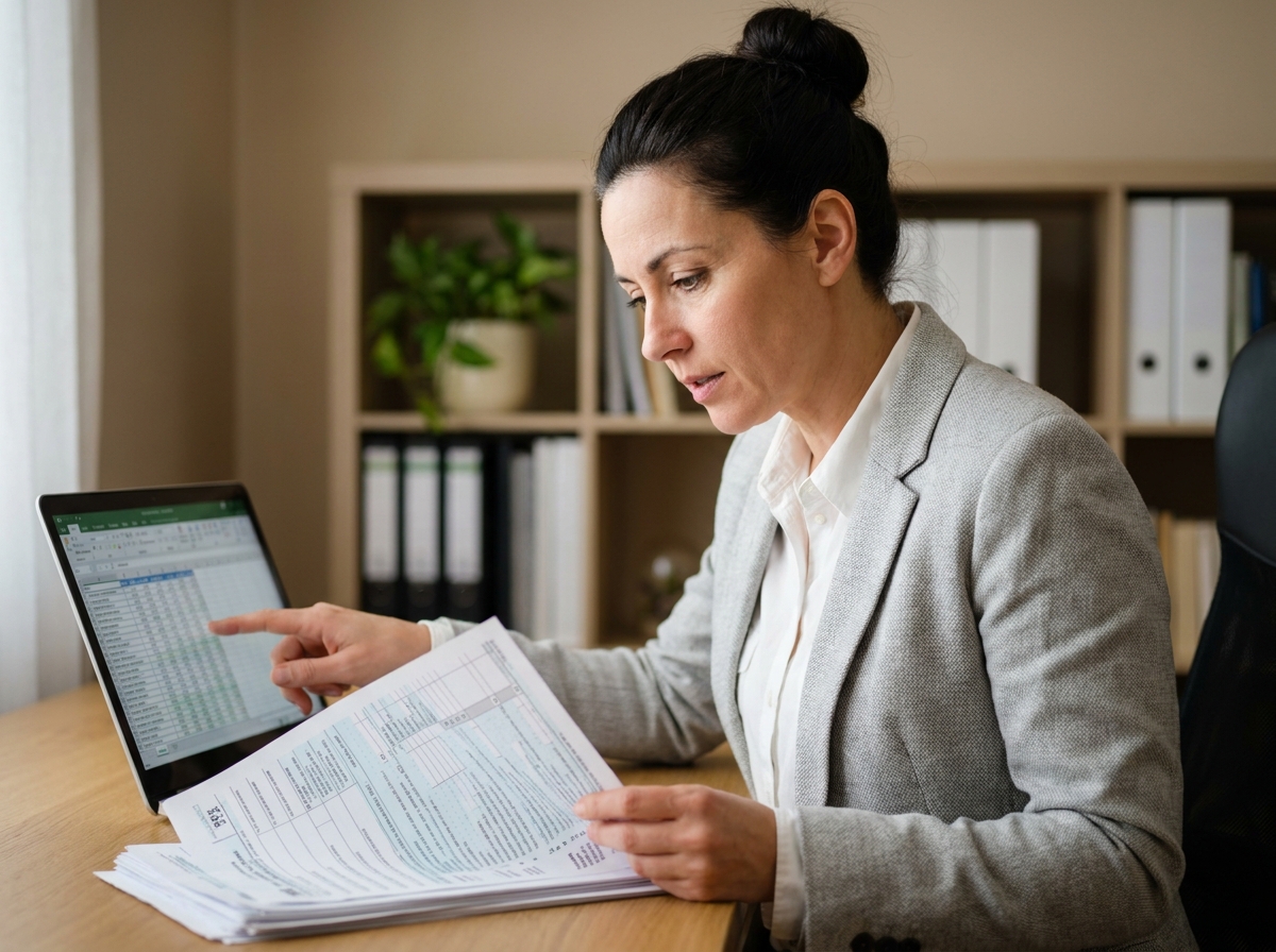 Femme comptable consultant des documents fiscaux liasse 2031 LMNP sur un bureau en bois avec ordinateur portable