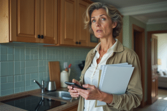 Femme d'âge moyen tenant des papiers dans la cuisine avec taches d'eau au plafond