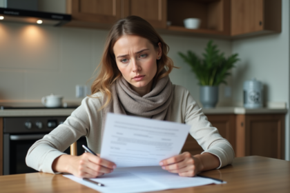 Femme examinant un contrat de location dans une cuisine moderne