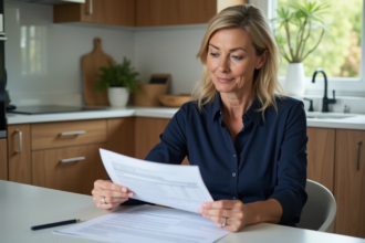 Femme examinant un document de taxe foncière à la maison