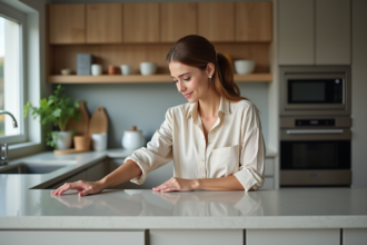 Femme en cuisine moderne et minimaliste au contact du plan de travail