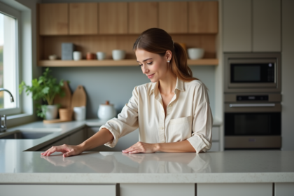 Femme en cuisine moderne et minimaliste au contact du plan de travail