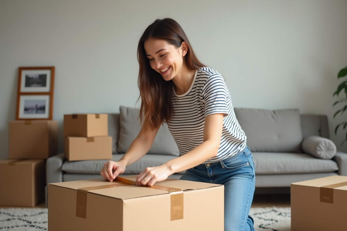 Jeune femme souriante emballant une boîte dans un salon organisé