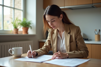 Femme concentrée remplissant des formulaires de logement