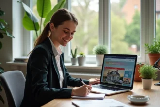Jeune femme en bureau immobilier avec ordinateur et notes