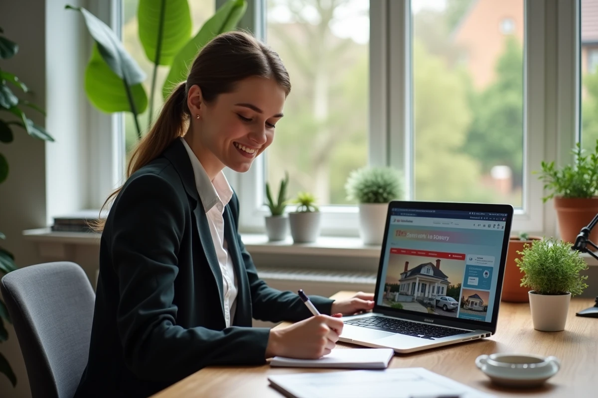 Jeune femme en bureau immobilier avec ordinateur et notes