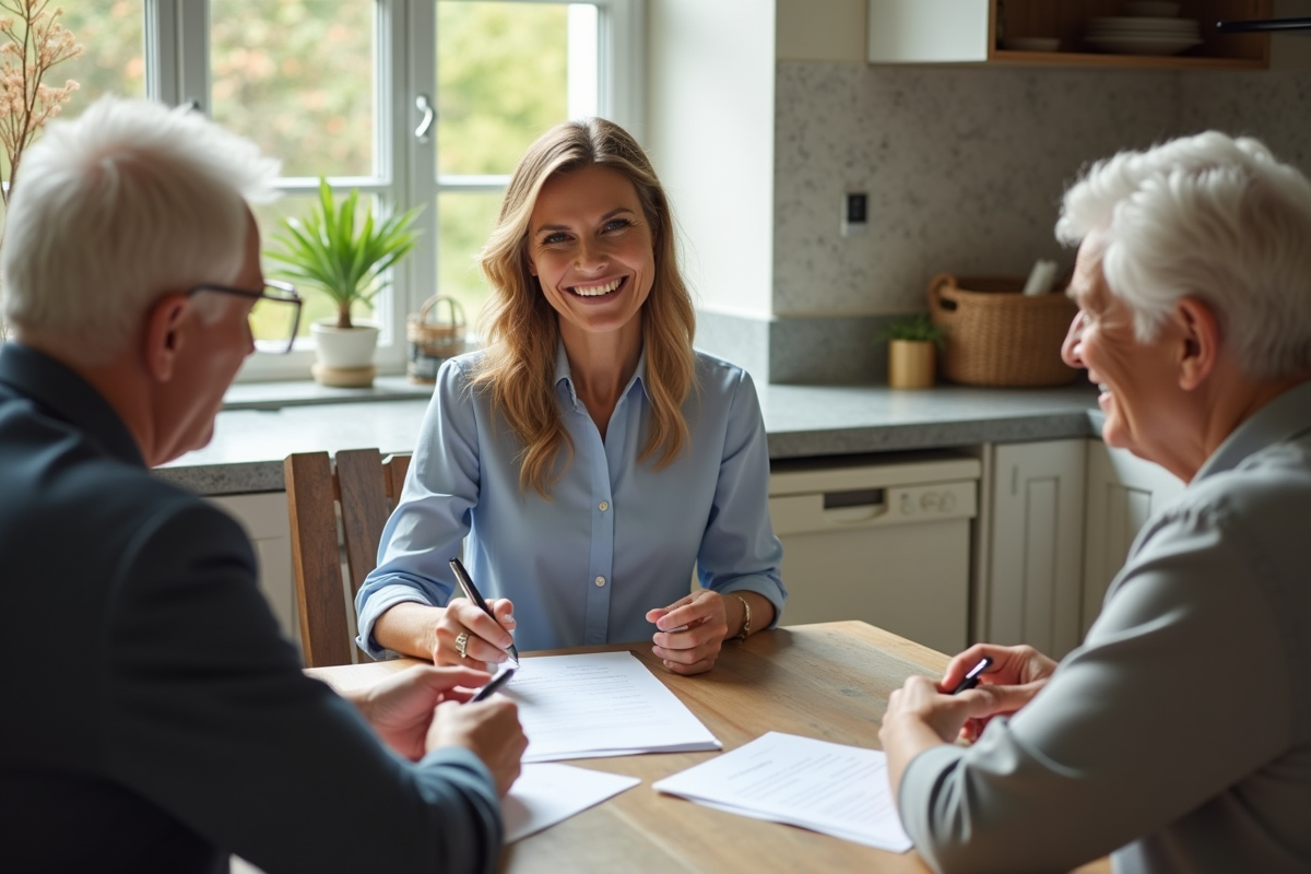 Femme en tenue professionnelle examinant des documents avec un couple