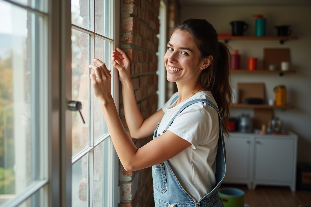 Jeune femme appliquant des bandes isolantes sur une fenêtre