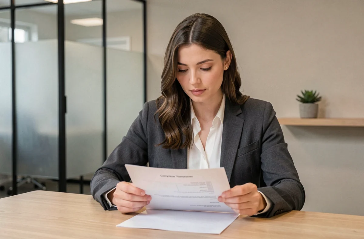 Jeune femme lisant attentivement une convention d'honoraires de notaire dans un bureau moderne