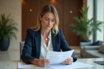 Femme d'une quarantaine lisant des documents dans un lobby moderne