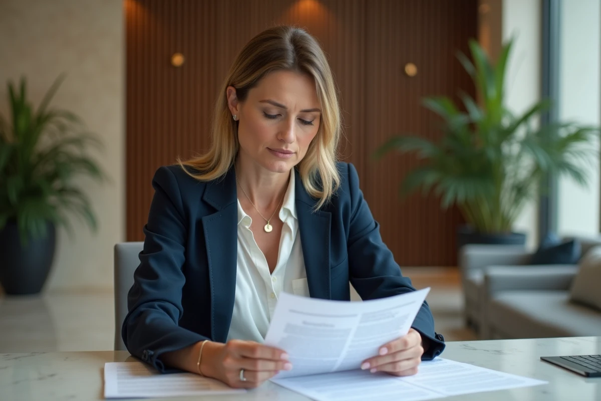 Femme d'une quarantaine lisant des documents dans un lobby moderne