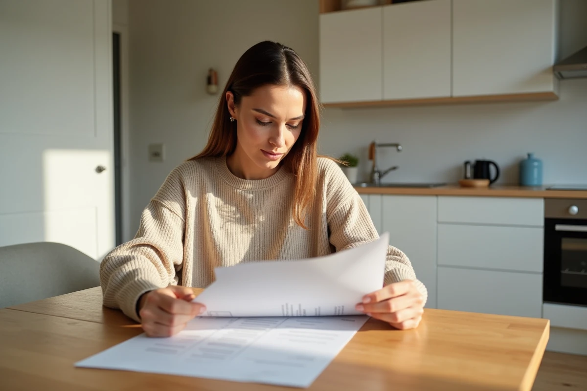 Femme lisant des documents de prêt dans un studio moderne