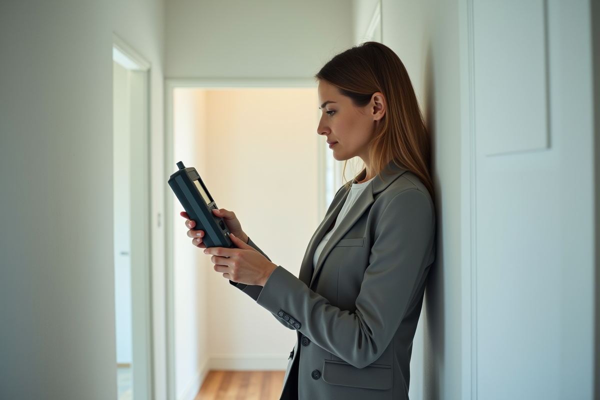 Femme professionnelle utilise un humidimètre dans un couloir lumineux