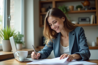 Femme souriante examinant des documents de prêt immobilier