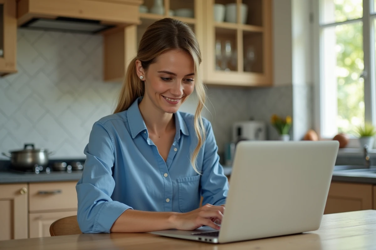 Femme souriante devant son ordinateur dans la cuisine