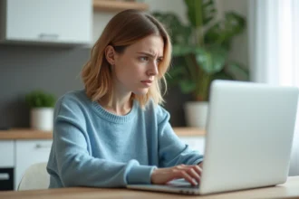 Femme assise à une table de cuisine avec un ordinateur portable