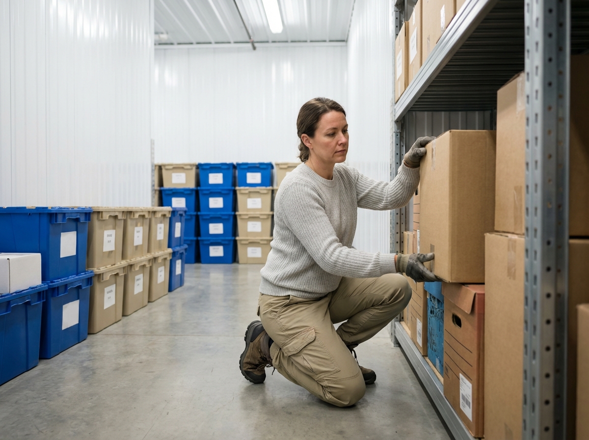 Jeune femme organisant des cartons dans un centre de stockage intérieur
