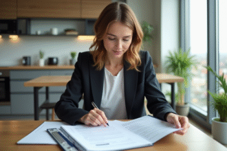 Femme organisée avec documents d'assurance dans un appartement lumineux