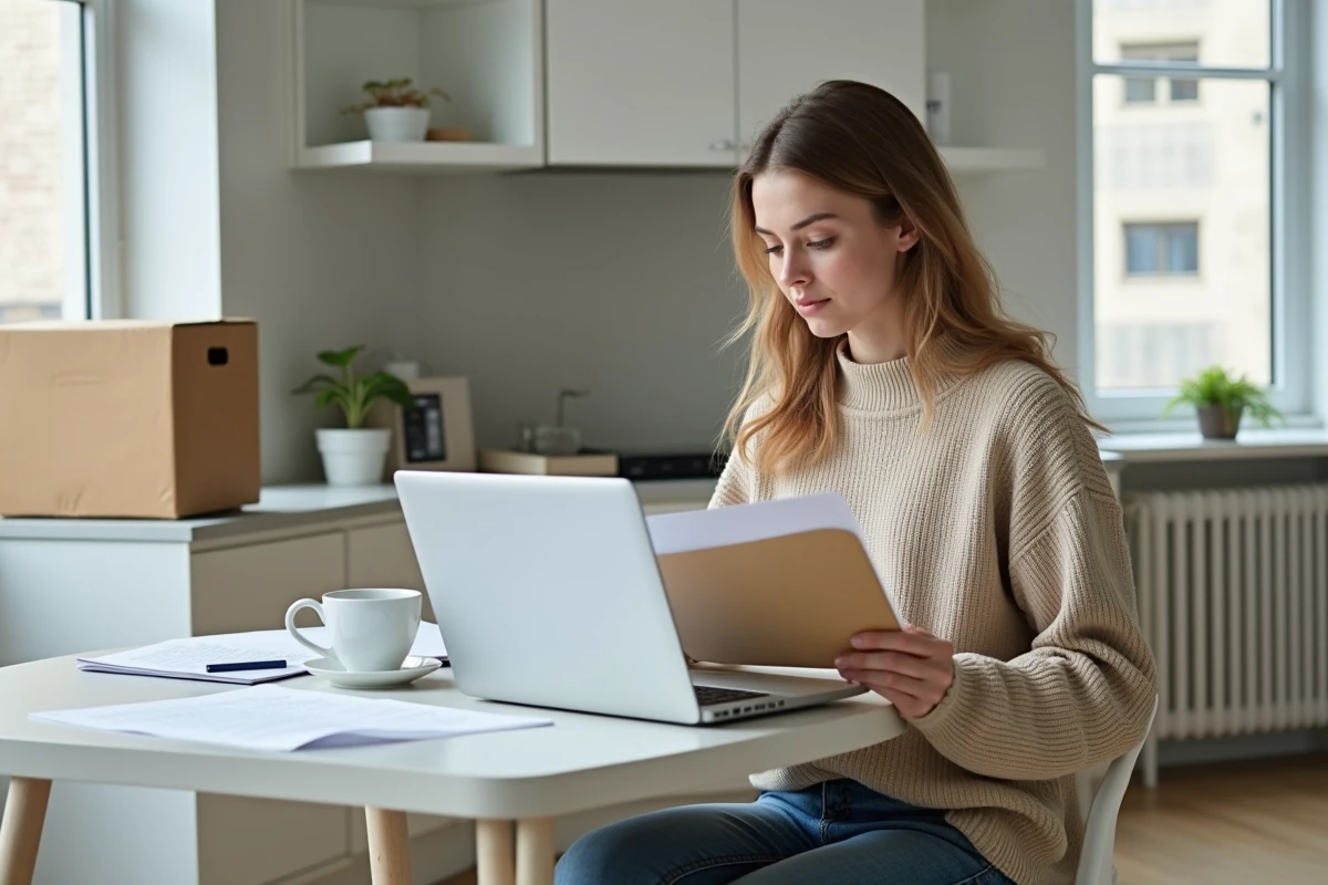 Femme organisée travaillant à son ordinateur lors d'un déménagement